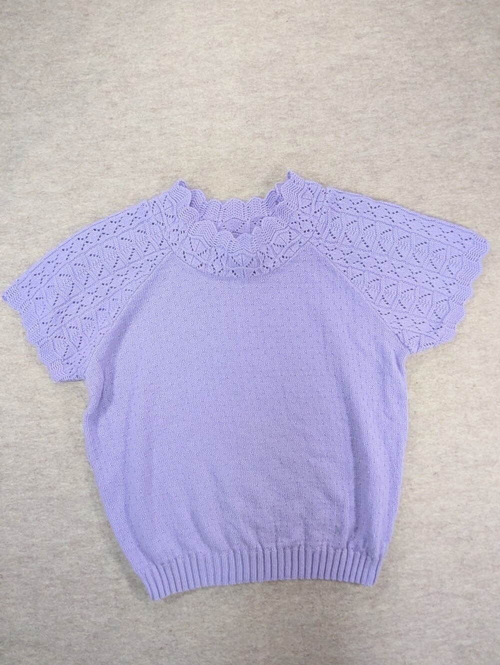Vintage 80s Lilac Lavender Purple Eyelet Knit Short Sleeve Sweater Haband Small
